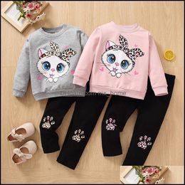 Clothing Sets Kids Girls Outfits Children Cat Print Topsandleopard 2Pcs/Set Spring Autumn Fashion Boutique Mxhome Dh4Wv