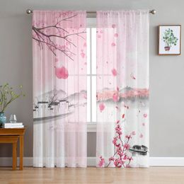 Curtain & Drapes Watercolour Pink Cherry Blossom Ink Tulle Sheer Window Curtains For Living Room Kitchen Children Bedroom Voile Hanging Curta