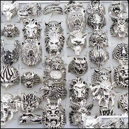 Band Rings Jewellery Wholesale 20Pcs Mix Snake Owl Dragon Wolf Elephant Tiger Etc Animal Style Antique Vintage Dhrya