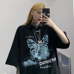 Summer tops Streetwear Print Vintage butterfly drop Korean Black Large Size Harajuku Short Sleeve women T Shirts 220602