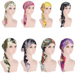 Muslim Durags Bandana Milk Silk Pirate Hats Wigs Tie-dyed Printed Long Tail Turban Cap Outdoor Cycling Hat Men Women Skull Caps Headwear Headband Hair Accessories