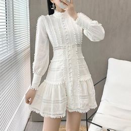 Casual Dresses 4Yards French Elegant Lace Women's Mini Dress White Embroidered Light Luxury Hollow Out Half High Collar Single-Breasted