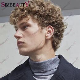 Blonde Curly Human Hair Men's Toupees Trendy Hairstyle Hair Replacement Prosthesis Unit for European 6 Inches Hairs Toupee