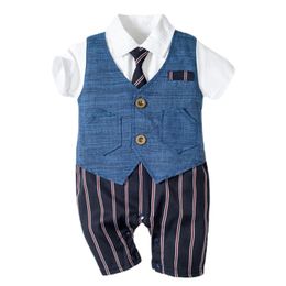 Baby Boy Clothes Summer Cotton Formal Romper Gentleman Tie Outfit Newborn One-Piece Clothing Handsome Button Jumpsuit Party Suit 967 E3