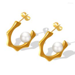 Hoop & Huggie Geometric C-shaped Baroque Imitation Pearl Earrings For Women With Stud Titanium Steel Plated 18K EarringsHoop