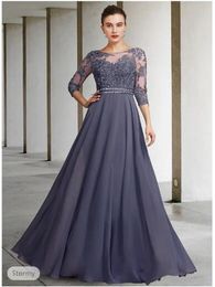 Long Sleeve Mother Of The Bride Dresses Big Size Floor Length Chiffon Formal Lace Applique A Line Wedding Party Dress