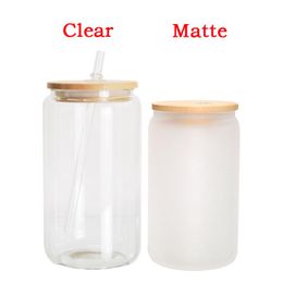 2023 US Warehouse 12oz 16oz Sublimation Glass Blanks With Bamboo Lid Frosted Sublimation Beer Can Glass Borosilicate Tumbler Mason Jar Cups Mug With Plastic Straw
