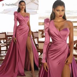 One pcs Sexy Prom Dresses 2022 African Saudi Arabia Long Sleeves Women Formal Dress Mermaid High Split Celebrity Robe De Soiree Evening Wear