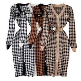 Autumn Elegant Temperament Vneck Hit Colour Dress Office Lady Singlebreasted Houndstooth Knitted Stretch Dres Clothing 220317