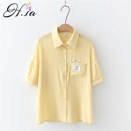 HSA Women Summer Blouse Tops Office Lady Work Chiffon Button Summer Short Sleeve Yellow Red Female Blouse Pocket blouses 210716