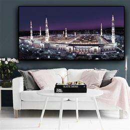 Islam Building Nightscape Canvas Painting Mecca Islamic Muslim Mosque Posters and Prints Cuadros Wall Picture for Living Room