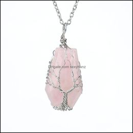 Pendant Necklaces Pendants Jewelry Natural Stone Crystal Lucky Coffin Charms Tree Of Life Wire Wrap Amet Dhyrw