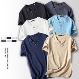 Men's Casual Shirts Mens Linen Shirt Breathable Solid Cotton Short Sleeve Soft Blouses T-Shirts Man Pullover Male Clothes Summer TopsMen's