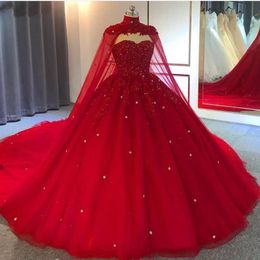 short skirt long back UK - 2022 Dark Red Modern Arabic Ball Gown Wedding Dresses Sweetheart Sleeveless With Cape Lace Appliques Crystal Beaded Plus Size Form218V