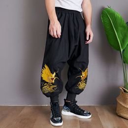 Men's Loose Cotton Linen Drop Crotch Pants Elastic Waist Lantern Baggy Trousers Embroidered dragon Streetwear