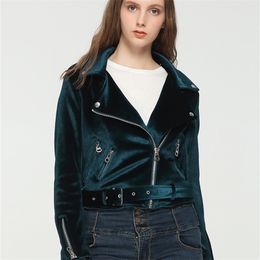 Ailegogo Spring Autumn Women Faux Suede Leather Short Jacket with Belt Moto Biker Zipper Lake Blue Coat Ladies Outwear 220815