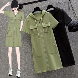 Casual Dresses 2022 Summer Ladies Dress Fashion Versatile Loose Cardigan Hooded Zipper Womens With Pockets L-4XLCasual