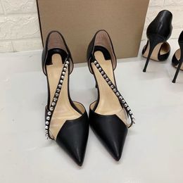 Designer Summer Women Sandals Black Genuine Leather Strappy Spikes Pointy Toe Stiletto Stripper High Heels Zapatos Mujer Slingback Prom Evening Bride Shoes