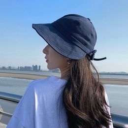 Spring Summer Women Bucket Hat Solid Color Bows Adjustable Cotton Outdoor Sun Hats Sports Beach Foldable Panama Caps Ladies 220506
