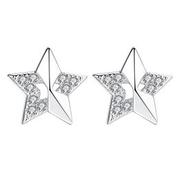 Silver Earrings Micro Inlaid Crystal Five-Pointed Star Stud Earrings Women Small Cute Banquet Luxury Wedding Jewelry