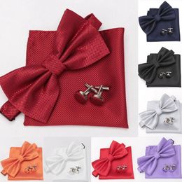 Men Formal Solid Polyester Bowtie Pocket Square Cufflinks Bow Tie Handkerchief Cuff Links Party Wedding Three Piece Set