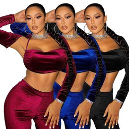 Women's Two Piece Pants Cut Out Velvet Club Outfits Women Long Sleeve Crop Top And Sexy Halter Bandage Bra Skinny Winter ClubwearWomen's