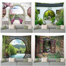 Tapestry Chinese Natural Landscape Wall Rug Retro Style 3D Arch Door Green Bamb