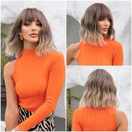 blonde bob wig with bangs Canada - Black Gray Blonde Short Wavy Synthetic Wigs With Bangs Brown Heat Resistant Bob Hair Wig for Women Cosplay Natural Hairs