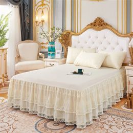 3 Layers Bed Skirt Lace Ruffled Couvre Lit room Cover Non-slip Mattress sheet spread 220623