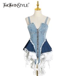 TWOTWINSTYLE Sexy Patchwork Denim Women Tops Square Collar Sleeveless Spaghetti Strap Tunic Mesh Ruffles Hit Color Vests Female 210401