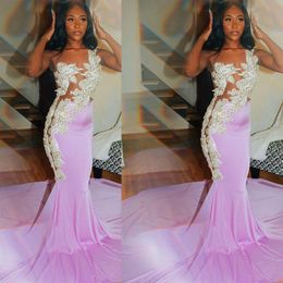 girls white satin dress Canada - Pink Mermaid Long Prom Dresses Party Gowns 2022 Exquisite White Beaded Apploques See Through Top Satin African Girl Prom Dress