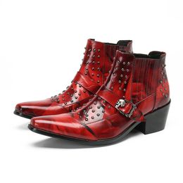 Christia Bella New Pointed Toe Rivet Buckle Strap Cowboy Boots Plus Size Mens High Heel Red Leather Shoes Party Men Ankle Boots