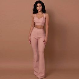 Women's Two Piece Pants Rayon Bandage Set 2 Pieces White Pink Khaki Strap Sleeveless Crop Top And Long Trousers Sexy Celebrity Party WearWom