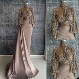 Sexy Saudi Arabia Prom Dresses 2022 Formal High Neck Satin Evening Dress Mermaid Long Sleeve Sequined Cocktail Party Gowns