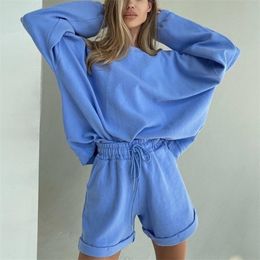 2020 Womens Tracksuits 2 Piece Set Autumn Oversize Sweatshirt Sporting Shorts Sweat Set Two Piece Outfit Solid Color Sets T200826