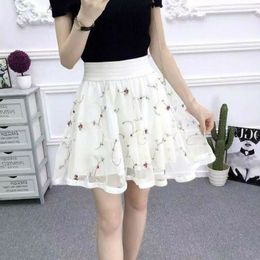 Summer Elastic Waist Lace Pleated Women Skirt Y2k Korean Fashion Black Large Size HighWaisted ALine Sweet Student Mini Skirts 220521