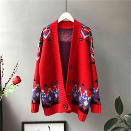 National Style Jacquard Sweater Women s Cardigan Autumn Hit Colour Single Button Loose Coat 210427
