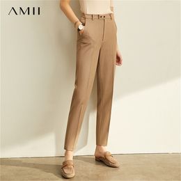 Amii Spring Autumn Pants Office Lady Solid Nine Points Loose Female Trousers High Waist Slim Straight Women Suit Pants LJ200813