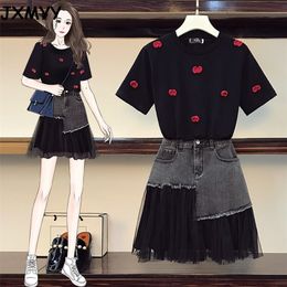 summer casual plus size women's fashion western style blouse mesh stitching denim skirt two-piece suit JXMYY 210412