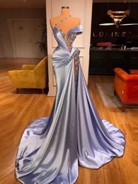 Blue A-line Light Dresses Sexy V Neck Sleeveless One Shoulder Sequins Ruffles Plus Size Satin Side Slit Prom Gowns Floor Length Custom Made Evening Gown