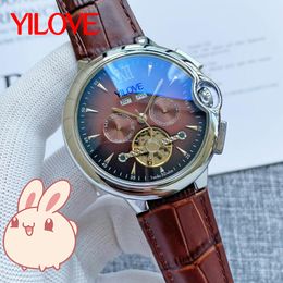 Men Leather Wristband Folding Watch Three-Pin Sapphire Luminous Multi-Function Flywheel Skeleton Clock 48mm Round Stainless Steel Mechanical Men's Wristwatch