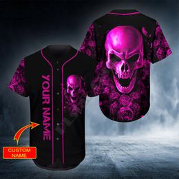 Rose Pink Personalised You Name Skull Baseball Jersey Shirt 3D Printed s hip hop Tops Love Gift 220713