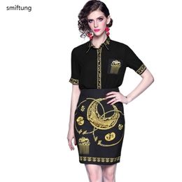 wholesale smiftung summer women s shirt and skirt office lady suit fashion black printing clothing short sleeve LJ201125