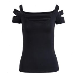 1pc High Quality Tee Black T-shirt Women Fashion Ladies Sexy Ripped Slashed Tight Short Sleeve T Shirt Top Clubwear