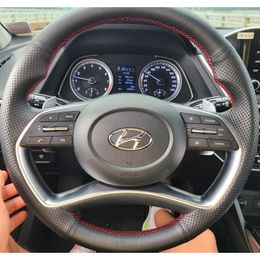 Customized Black Leather DIY Hand Sewing Car Steering Wheel Cover For Hyundai Sonata DN8 2020-21 Interior Car Accessories