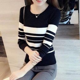 Women's Sweaters Spring Knitted Sweater Pullover Thin Casual Slim Elegant Soft Fashion Long Sleeve Elastic Basic Stripe TopsWomen's