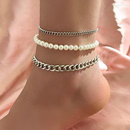 Anklets Classic Silver Color Cuban Chain Bohemian Imitation Pearl Ankle Bracelets For Women Summer Beach Anklet Jewelry Female Marc22