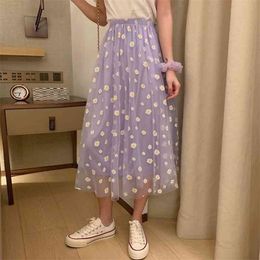 Summer Daisy Print Purple Skirt Female Long High-Waisted A- Line Skirt Elastic Street Wear 210331
