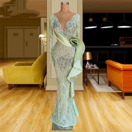 Blue Mermaid Prom Dresses Sexy Deep V Neck Long Sleeves Satin Sequins Appliques Beads Hollow Luxury Floor Length Plus Size Formal Party Gowns Custom Made