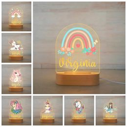Personalised Rainbow LED USB Night Light Custom Name Acrylic Lamp Wood Base for Baby Girls Kids Children Bedroom Decor 220623